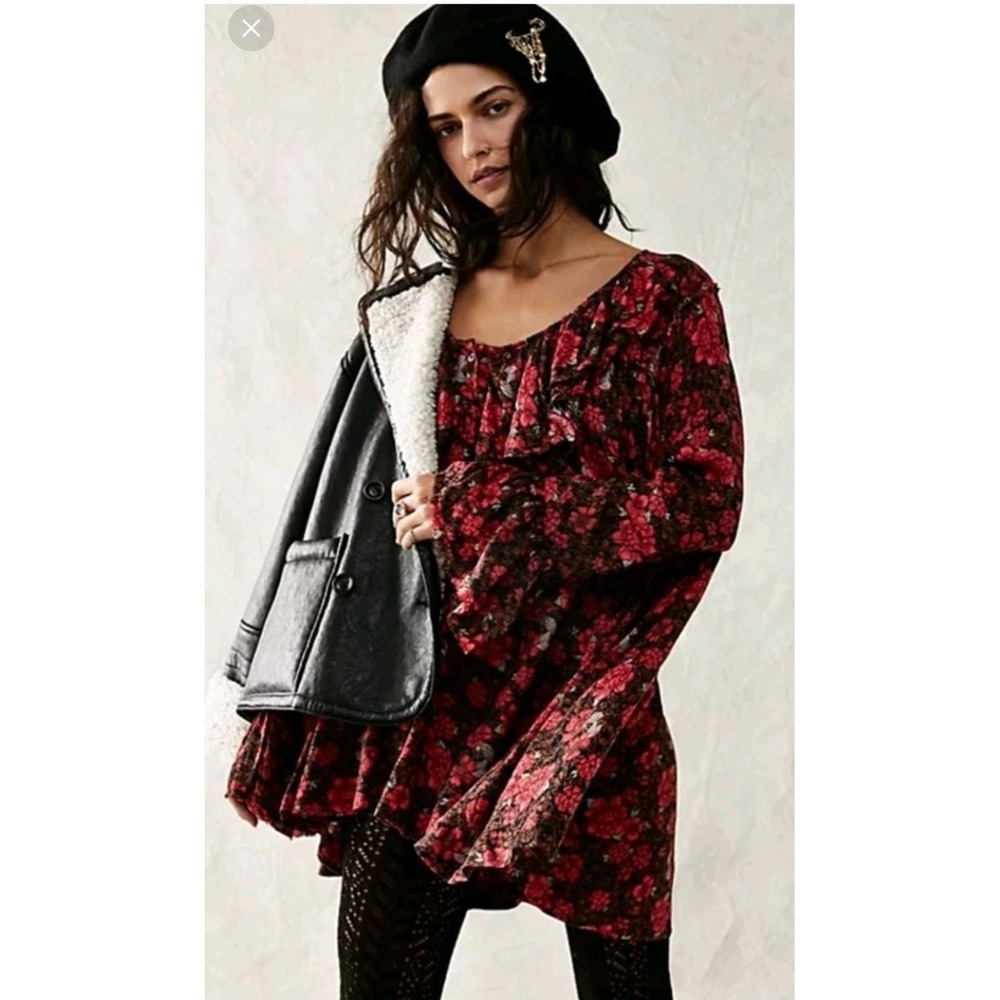 NWT Free People Loretta Floral Print Tunic Size Small Brown Motif Rare Coloring